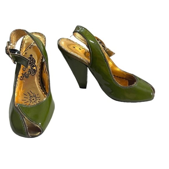 Naughty Monkey heels Women's 6.5 green patent leather peep toe slingback block h - Picture 12 of 12